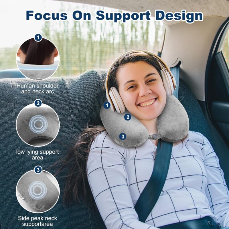 Adjustable Travel Neck Pillow _ Memory Foam Support (Grey) - Image 7